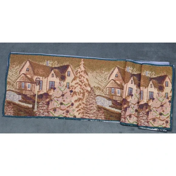 Holiday Winter Village Christmas Scene Tapestry Table Runner Winter Decor 12"x64 - Picture 3 of 5